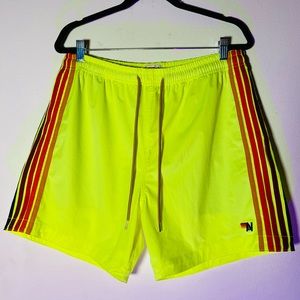 Mens AVIATOR NATION 5 STRIPE FLEX SHORTS Neon florescent Yellow Swim Suit trunk
